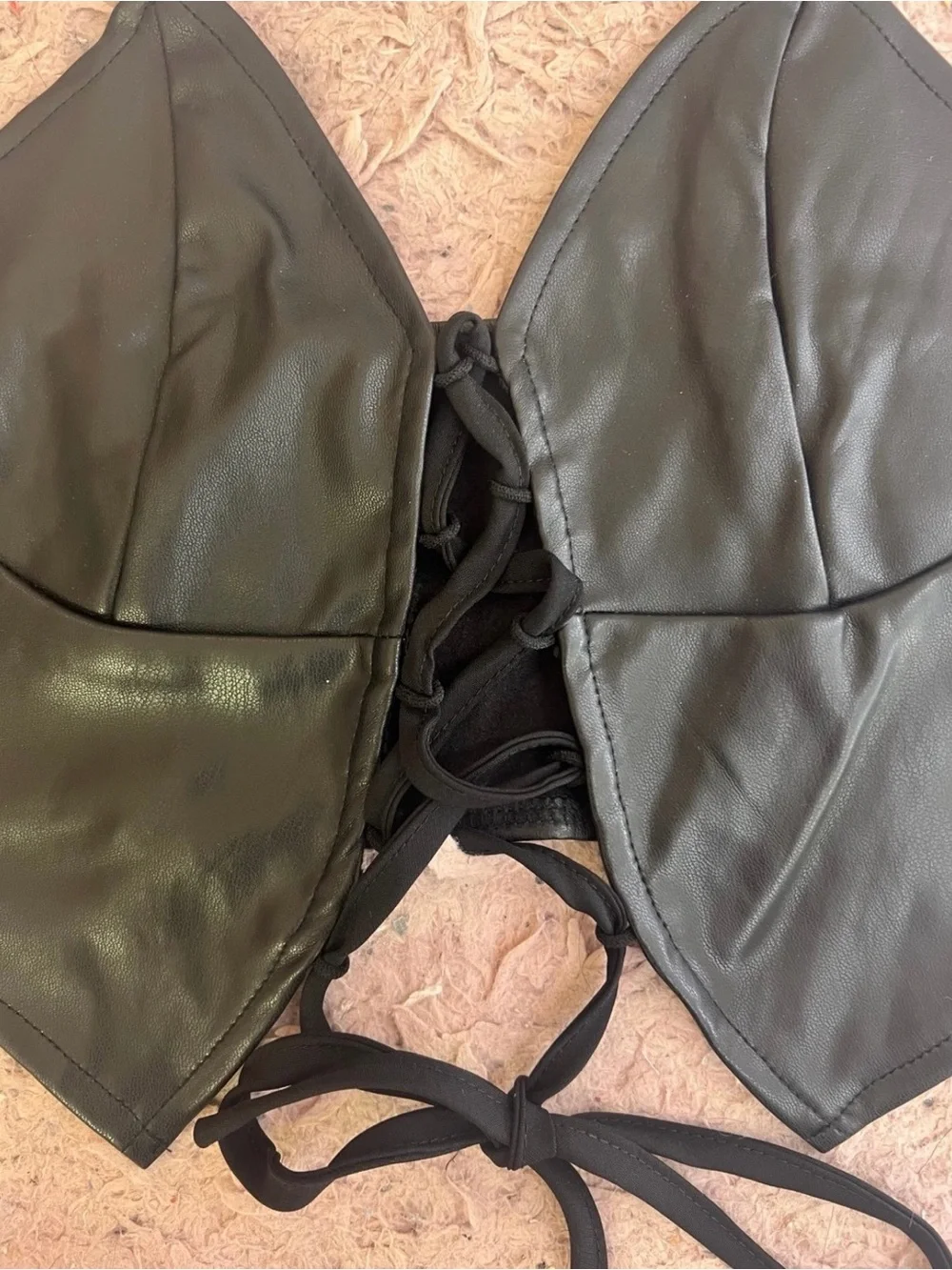 SHEIN Black Faux Leather Lace-Up Halter Bikini Top